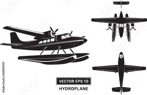 monochrome hydroplane silhouette vector eps ai jpeg png clean outline of floatplane side front angled views for education