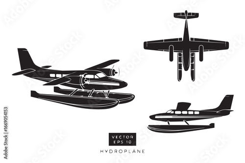 hydroplane line art vector eps ai showcasing waterborne aircraft floats in side front angled views for technical project