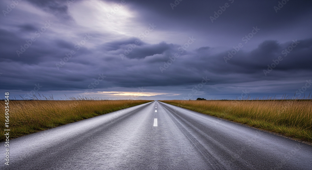 Naklejka premium An empty highway stretches to the horizon through a vast, grassy field under a breathtakingly dramatic sky. The dark, textured storm clouds part to reveal a soft, hopeful light in the distance