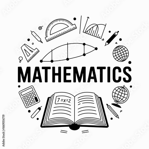 Black and white mathematics education vector design illustrating school subjects and tools for learning and problem solving skills development