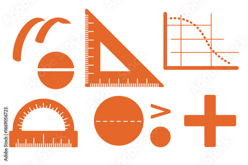 Orange Mathematics and Geometry Tools on White Background Featuring Protractor Ruler Graph and Circles for Educational Concepts