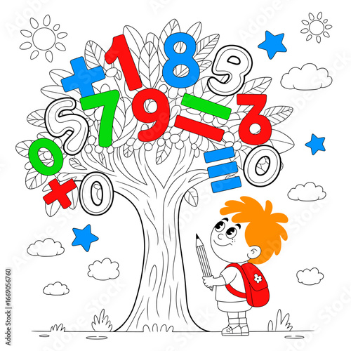 Math tree illustration for kids educational material studying arithmetic with numbers and operations concept drawing of a boy holding a pencil looking up