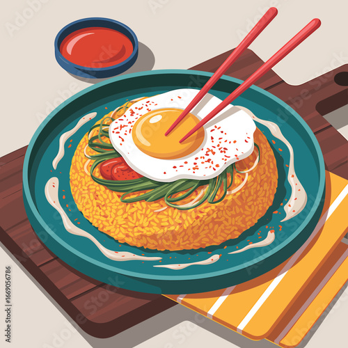 Delicious Fried Rice Topped with Fried Egg and Green Vegetables Asian Cuisine Illustration on Wooden Board