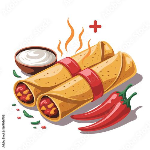Delicious Hot Chimichangas with Spicy Peppers and Sour Cream Illustration for Food Blog and Restaurant Menus