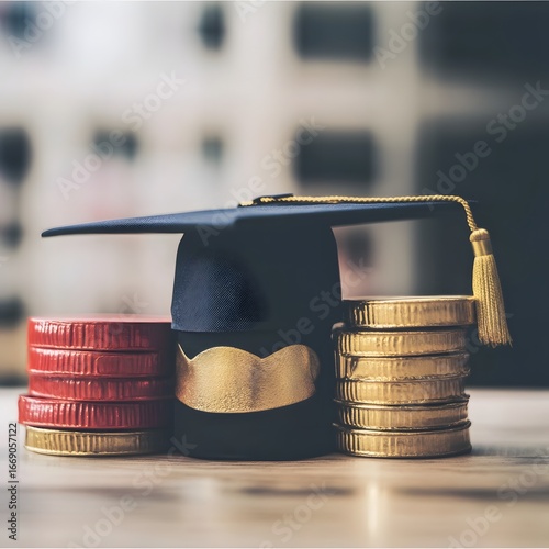 Graduation Cap with Stacks of Gold and Red Coins
