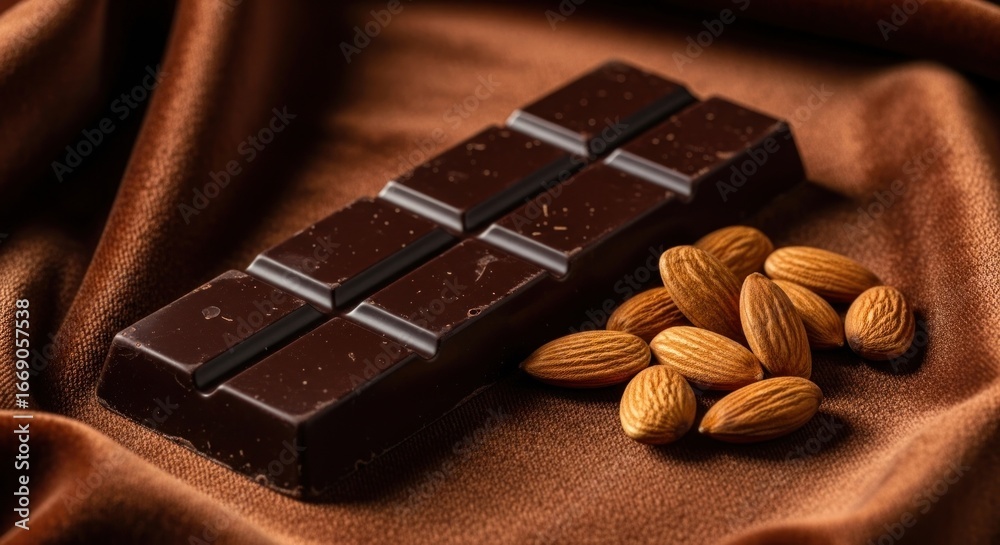 Fototapeta premium Dark chocolate bar and almonds presented on luxurious brown velvet fabric backdrop
