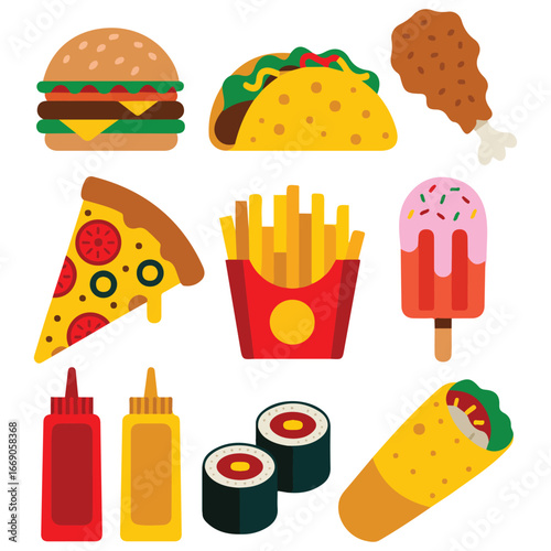 High calorie junk food icons pizza burrito hamburger isolated vector illustration on white background