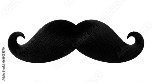 Black handlebar mustache for Movember, costume parties, vintage themed events, and theatrical props, isolated on white & transparent background for graphic design projects and novelty items.