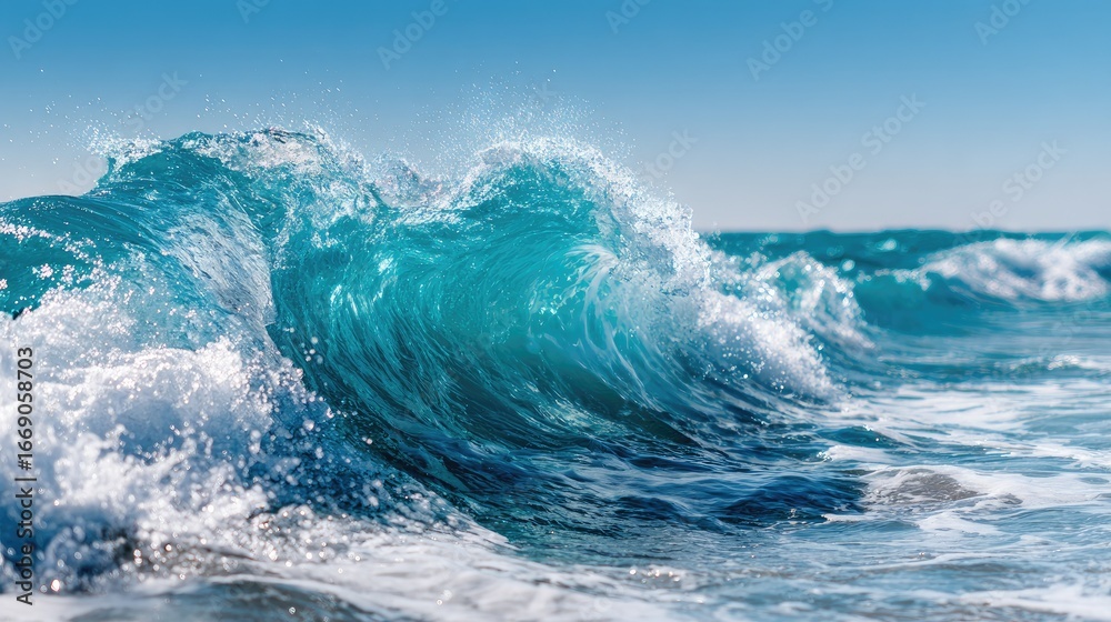 Fototapeta premium Powerful turquoise wave crashing on the shore.