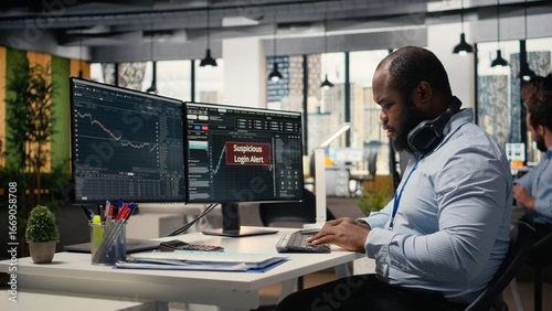 Photos Trader in office spots suspicious login attempt warning on trading platform dashboard, working to fix error