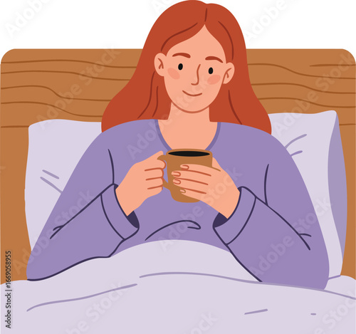 Woman Relaxing in Bed Drinking Hot Beverage Cozy Morning Routine Illustration Vector 