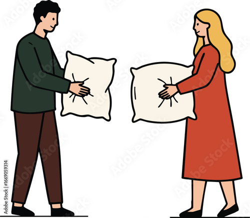 Man and Woman Having Pillow Fight Casual Fun Activity at Home Vector Illustration 
