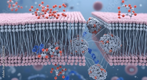 A detailed 3D illustration of a cell membrane lipid bilayer with molecules passing through a protein channel, representing cellular transport