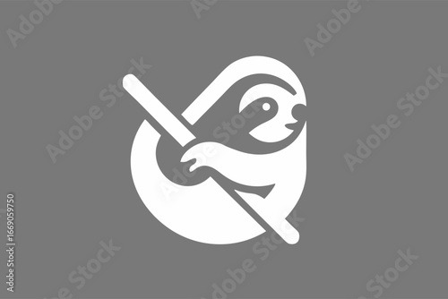 Sloth Emblem: A minimalist illustration featuring a whimsical sloth character gracefully clinging to a wooden branch, evoking feelings of tranquility and the appreciation of simple moments. 