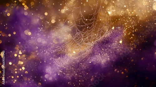 Magical Dewdrop Spiderweb on Purple and Gold Bokeh Background