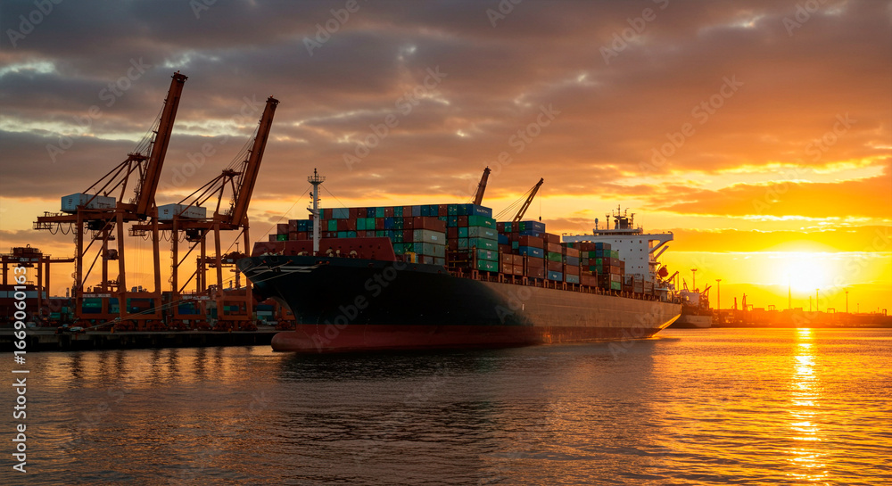 Fototapeta premium Cargo ship in a container port at sunset