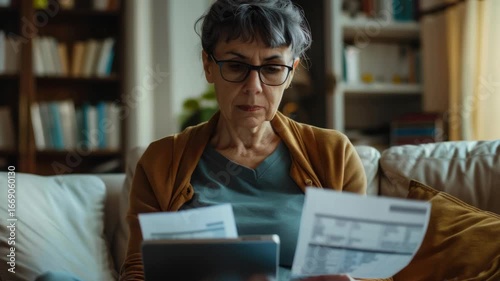 Elderly woman in glasses reviewing documents on a couch.