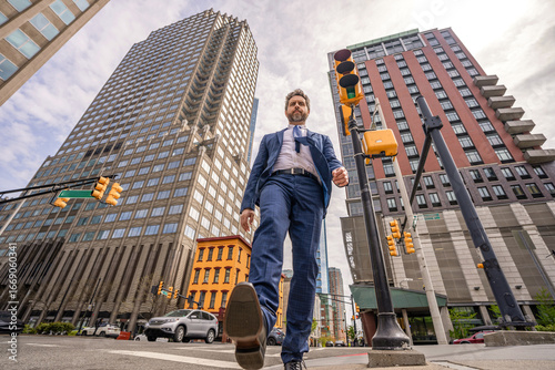 Business man in Manhattan. Business success in big city. Businessman go to success. Successful deal. Low angle. Business success. Busy city street. Successful businessman in New York city street