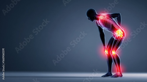Silhouette of person holding back with glowing red areas on spine and knees symbolizing widespread arthritis flareup effects.