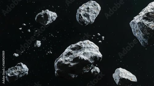 A bunch of rocks are floating in space. They are all different sizes and shapes. Some are small and round, while others are large and irregular