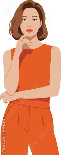 Woman in orange sleeveless top and pants thoughtfully posing with hand on chin vector illustration 