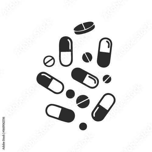 Assorted black and white pill and capsule icons on white background