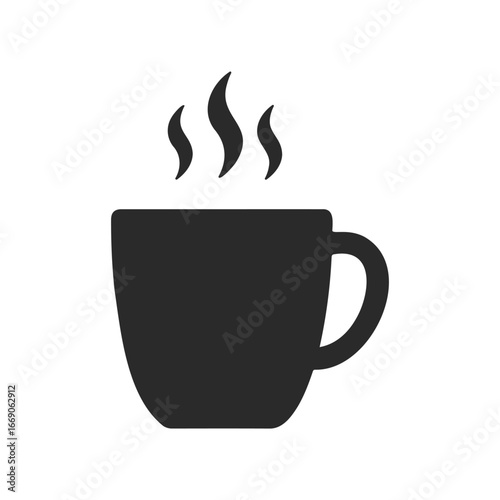 Black coffee cup icon with steaming hot beverage on white background