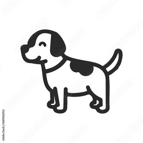 Simple black and white dog icon with wagging tail