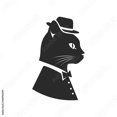 Dapper cat in bow tie and hat silhouette vector