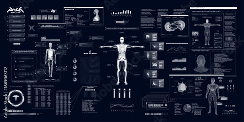 Sci-fi UI, healthcare HUD interface, with 3D body hologram, x-ray organs, mri. Futuristic user interface in cyberpunk style. Modern examination human body with futuristic UI, HUD. Vector graphic set
