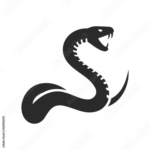 Black silhouette of a coiled snake with open mouth on white background