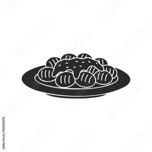 Black and white icon of gnocchi with sauce on plate
