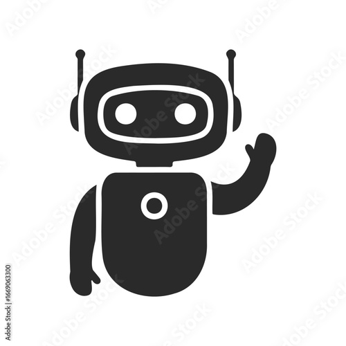 Black and white cartoon robot icon with antennas and wave gesture