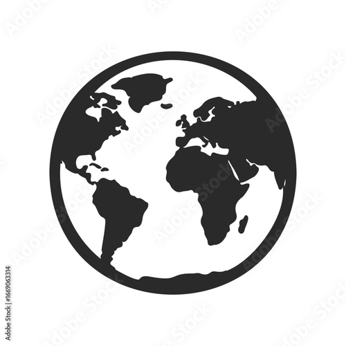Simple black and white earth globe icon with continents