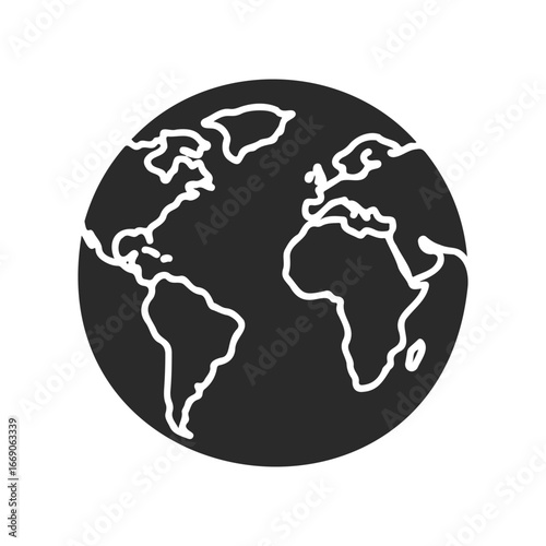 Simplified black and white earth globe illustration featuring continents