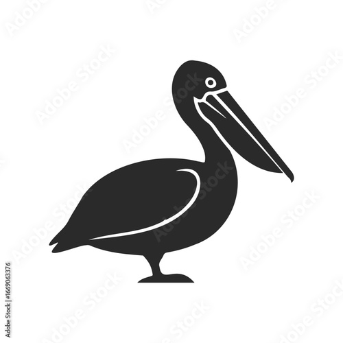 Silhouette of pelican on white background with distinctive beak and profile