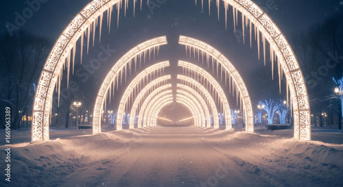 Long exposure shot of a snow-covered walkway illuminated by a series of glowing arches at night in a winter landscape.