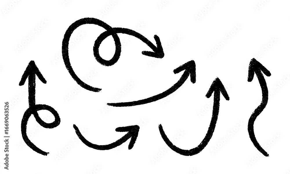 Obraz premium A collection of hand-drawn sketch arrows with rough, textured, charcoal or crayon-like strokes. The arrows are curly, looping, swirly, wavy, and dynamic, pointing in different directions.