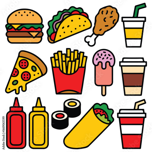 Junk street food fast food doodle takeaway snacks isolated vector illustration on white background