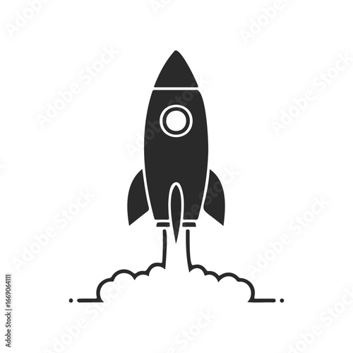Black silhouette of a rocket launching with smoke on white background