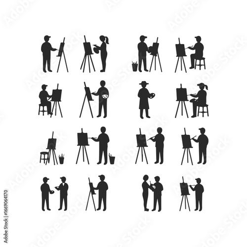 Silhouettes of diverse artists engaged in painting activities