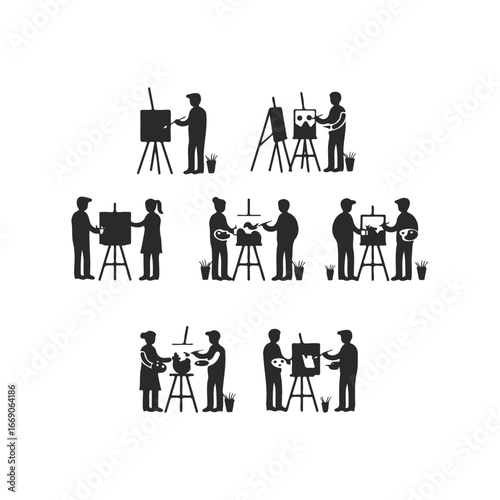 Silhouette artists engaged in painting sessions with easels and canvases