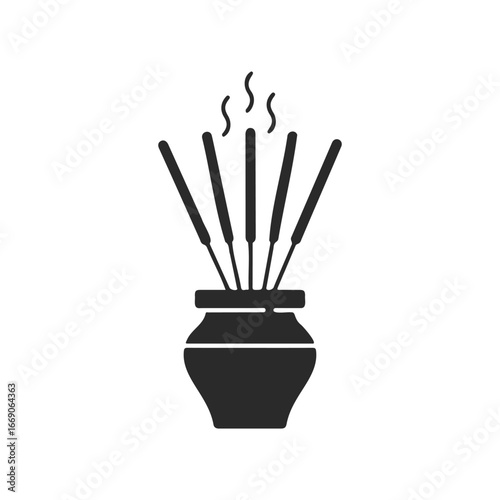 Black incense sticks in vase silhouette with scented steam on white background