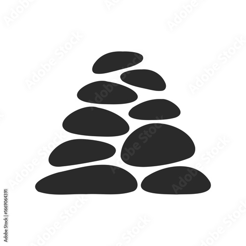 Black silhouette of stone cairn with balanced rocks on white background
