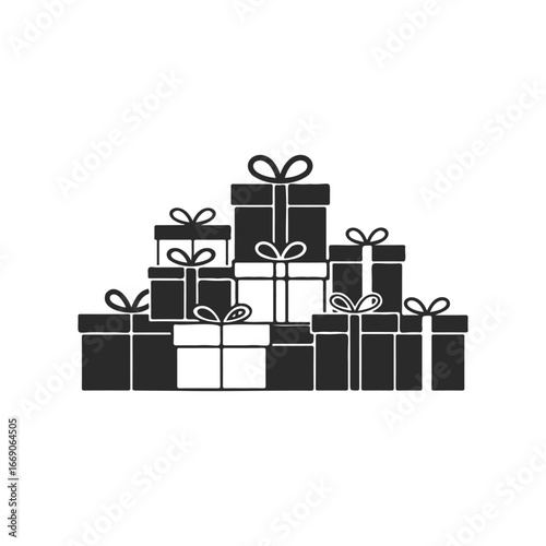 Stack of wrapped gift boxes with bows in black and white design
