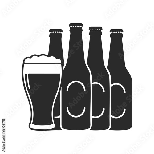 Silhouette of four beer bottles and a full pint glass on white background