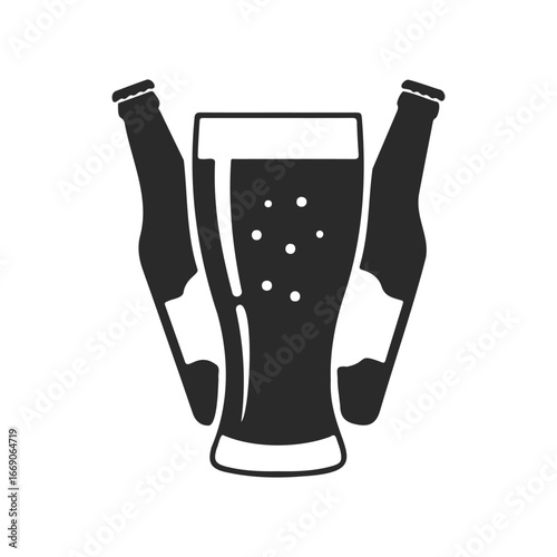 Black and white beer icons with bottles and glass on white background