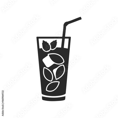 Black and white icon of iced drink with straw and lemon slices