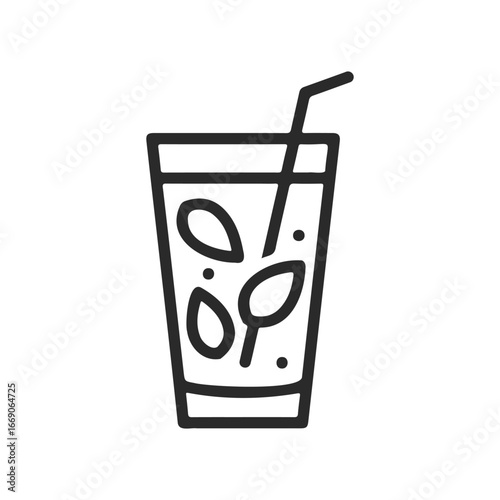 Line art of a refreshing iced drink with mint leaves and straw