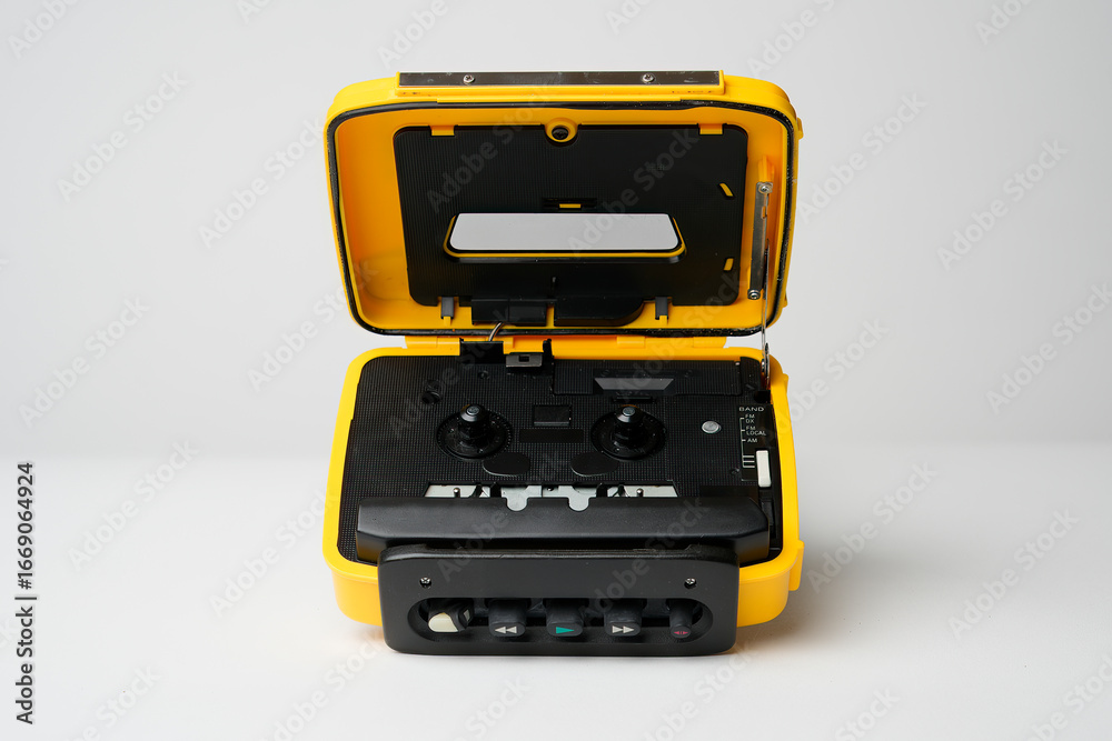 Fototapeta premium Retro cassette player with earbuds, 1990s